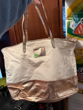 Victoria's Secret Cream Canvas Tote with Rose Gold Trim